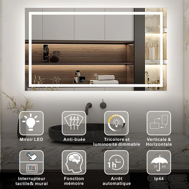 AICA Miroir lumineux 100x60cm,3 couleurs + dimmable + anti-buée + mémoire, miroir salle de bain