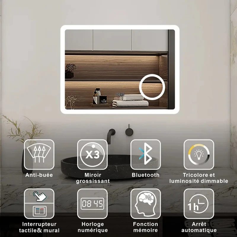 AICA Miroir lumineux rectangulaire | bluetooth, 3 couleurs, dimmable, grossissant, horloge, anti-buée, mémoire