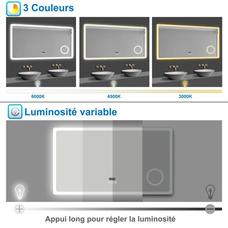 AICA Miroir lumineux rectangulaire | bluetooth, 3 couleurs, dimmable, grossissant, horloge, anti-buée, mémoire
