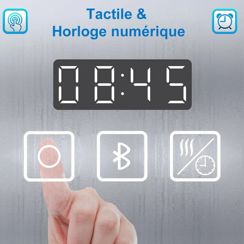 AICA Miroir lumineux rectangulaire | bluetooth, 3 couleurs, dimmable, grossissant, horloge, anti-buée, mémoire