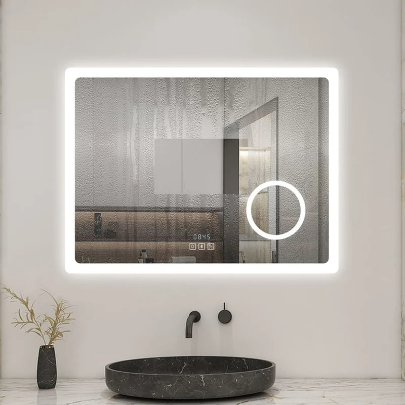 AICA Miroir lumineux rectangulaire | bluetooth, 3 couleurs, dimmable, grossissant, horloge, anti-buée, mémoire