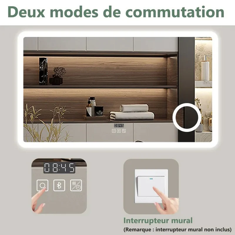 AICA Miroir lumineux rectangulaire | bluetooth, 3 couleurs, dimmable, grossissant, horloge, anti-buée, mémoire