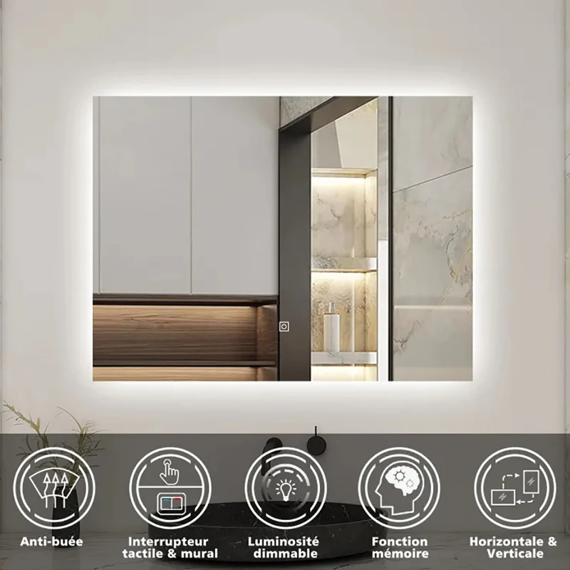 AICA LED Miroir lumineux | anti-buée + dimmable + mémoire miroir salle de bain
