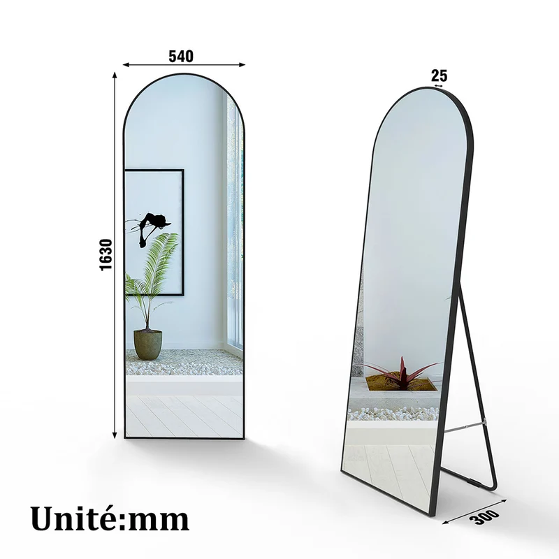 AICA Miroir sur Pied au sol 150x50cm,à suspendre ou àposer,arqué,cadre noir