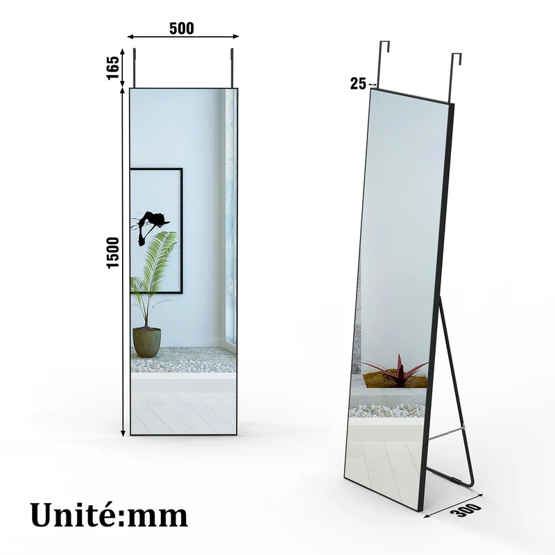 AICA Miroir sur pied au sol 150x50cm,miroir pleine longueur,à suspendre ou à poser,cadre noir