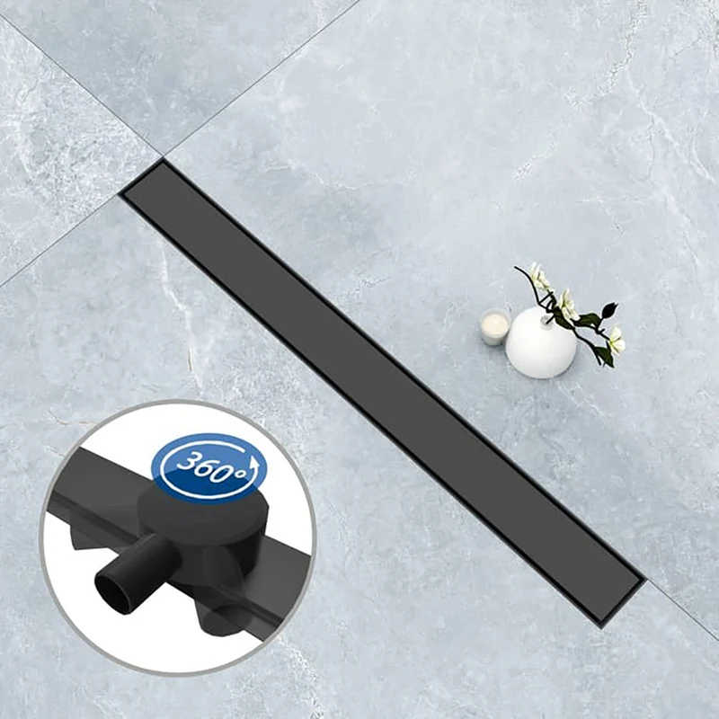 AICA Caniveau de douche italien en inox 2 en 1 + siphon 360°, siphon de vidange noir mat, réglable en hauteur avec désodorisant