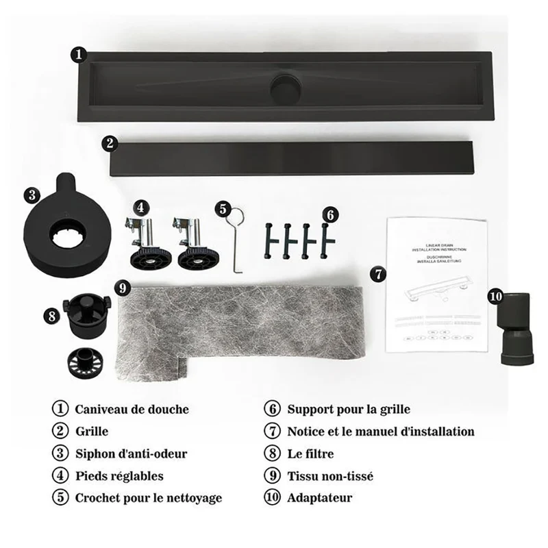 AICA Caniveau de douche italien en inox 2 en 1 + siphon 360°, siphon de vidange noir mat, réglable en hauteur avec désodorisant