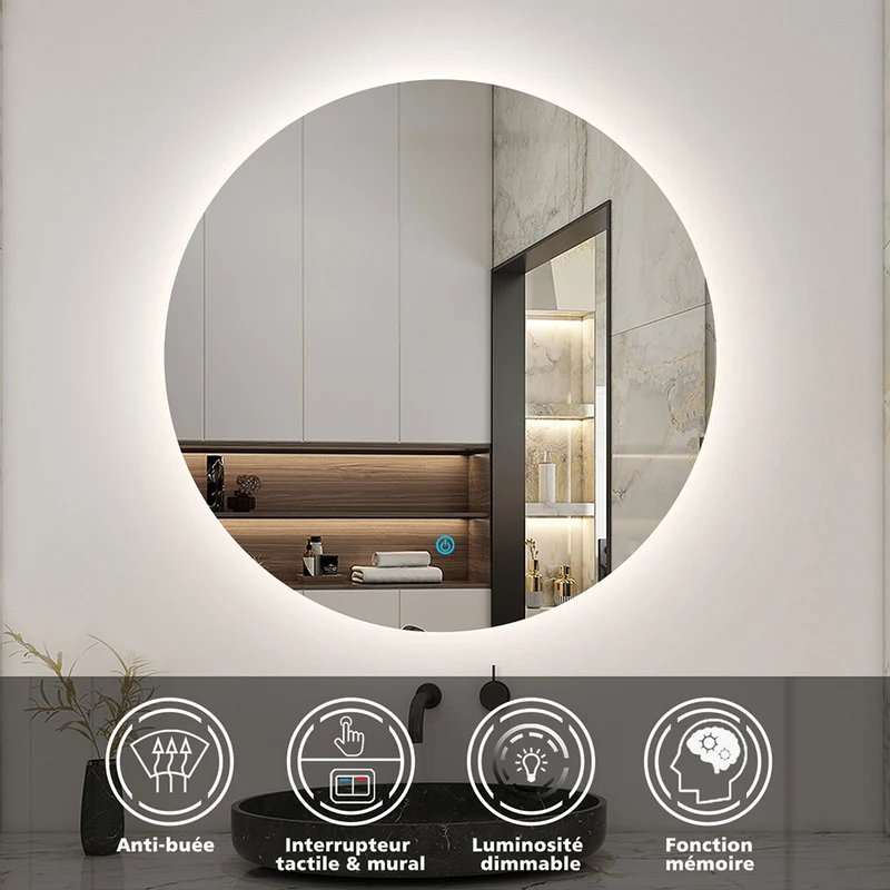 AICA LED Miroir lumineux rond 60-100cm anti-buée + dimmable + mémoire miroir salle de bain