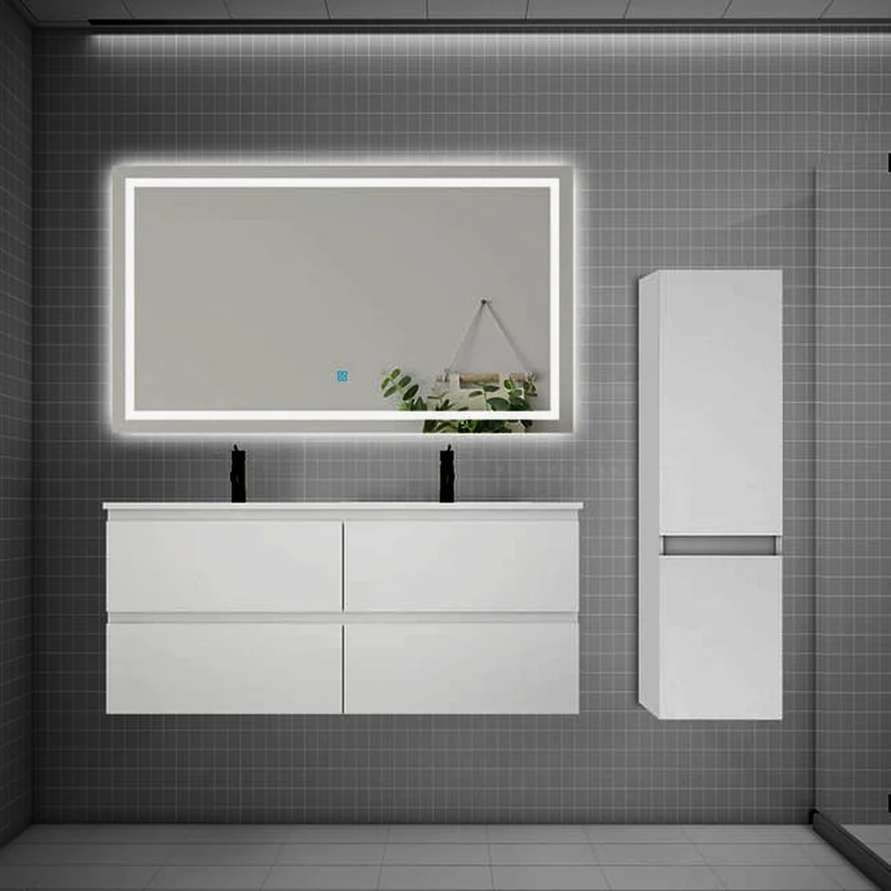 Ensemble meuble double vasque L.120cm 4 tiroirs + lavabo + LED miroir + colonne,blanc 1