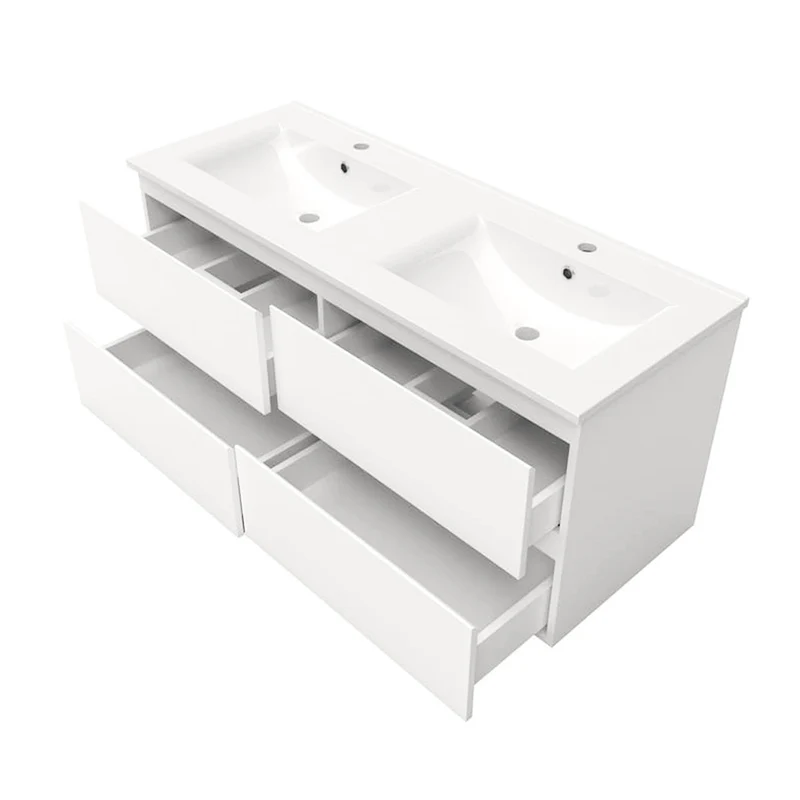 Ensemble meuble double vasque L.120cm 4 tiroirs + lavabo + LED miroir + colonne,blanc 1