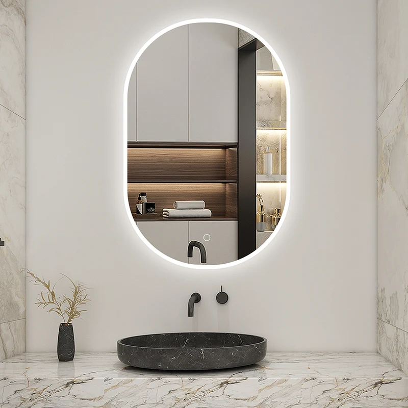 AICA LED Miroir lumineux ovale avec anti-buée + dimmable + mémoire, Miroir salle de bain