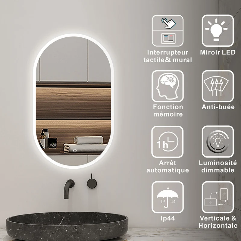 AICA LED Miroir lumineux ovale avec anti-buée + dimmable + mémoire, Miroir salle de bain