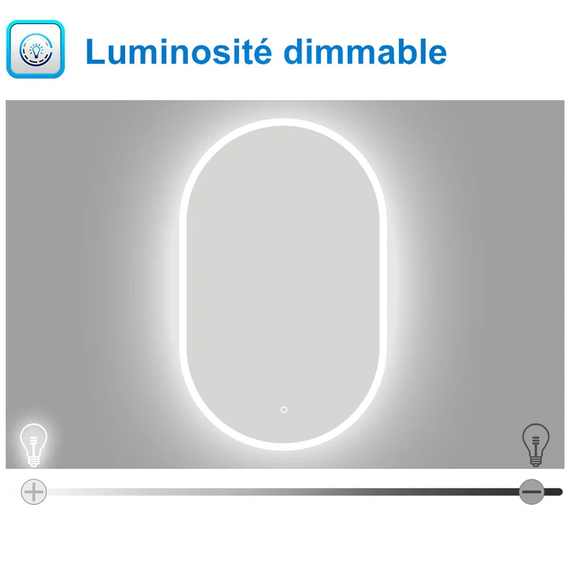 AICA LED Miroir lumineux ovale avec anti-buée + dimmable + mémoire, Miroir salle de bain