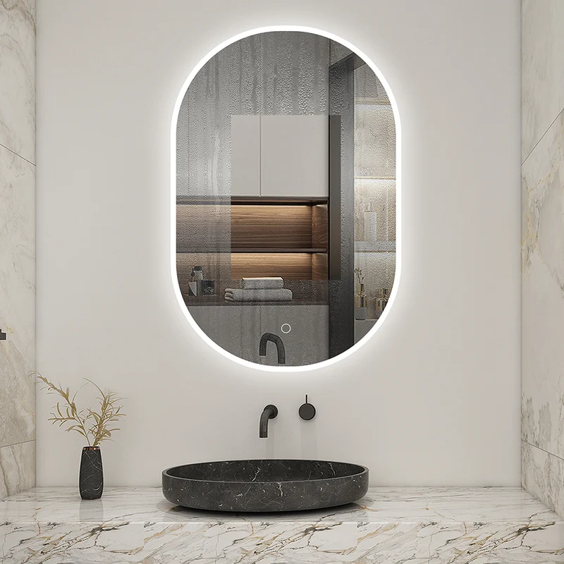 AICA LED Miroir lumineux ovale avec anti-buée + dimmable + mémoire, Miroir salle de bain