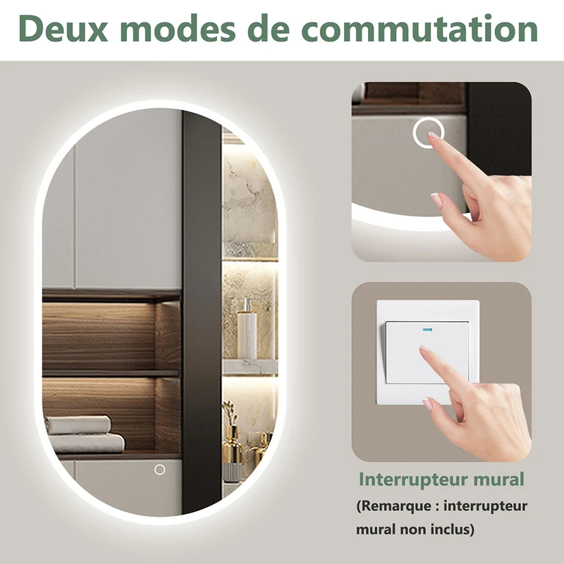 AICA LED Miroir lumineux ovale avec anti-buée + dimmable + mémoire, Miroir salle de bain
