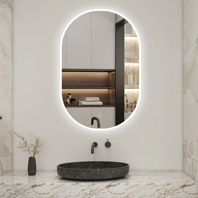 AICA LED Miroir lumineux ovale avec anti-buée + 3 Couleurs + dimmable + mémoire, Miroir salle de bain