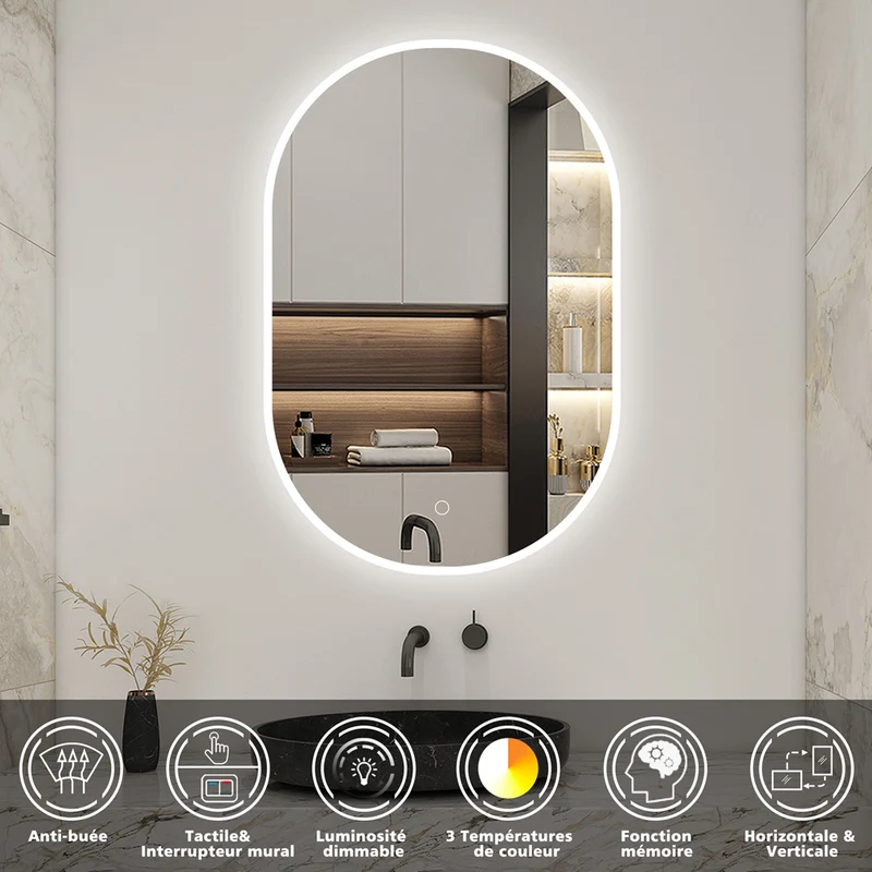 AICA LED Miroir lumineux ovale avec anti-buée + 3 Couleurs + dimmable + mémoire, Miroir salle de bain