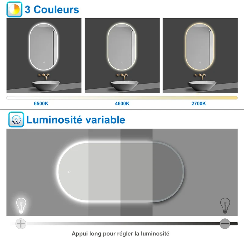 AICA LED Miroir lumineux ovale avec anti-buée + 3 Couleurs + dimmable + mémoire, Miroir salle de bain