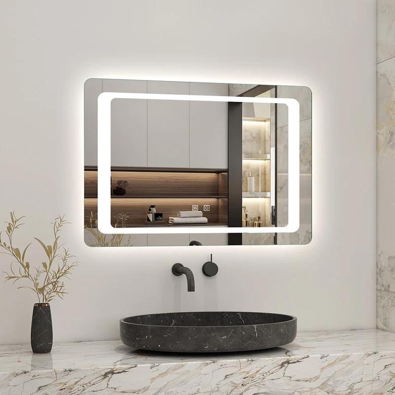 AICA Miroir lumineux 80 x 60cm anti-buée +dimmable + mémoire, miroir de salle de bain avec 2 Interrupteurs Tactiles
