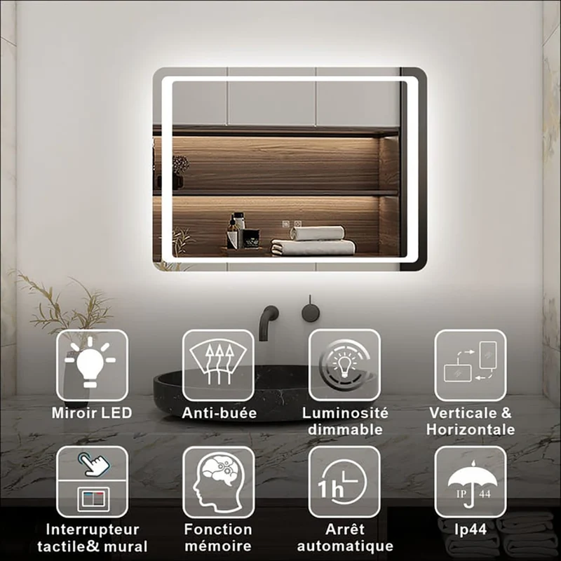 AICA Miroir lumineux 80 x 60cm anti-buée +dimmable + mémoire, miroir de salle de bain avec 2 Interrupteurs Tactiles