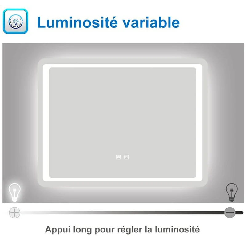 AICA Miroir lumineux 80 x 60cm anti-buée +dimmable + mémoire, miroir de salle de bain avec 2 Interrupteurs Tactiles