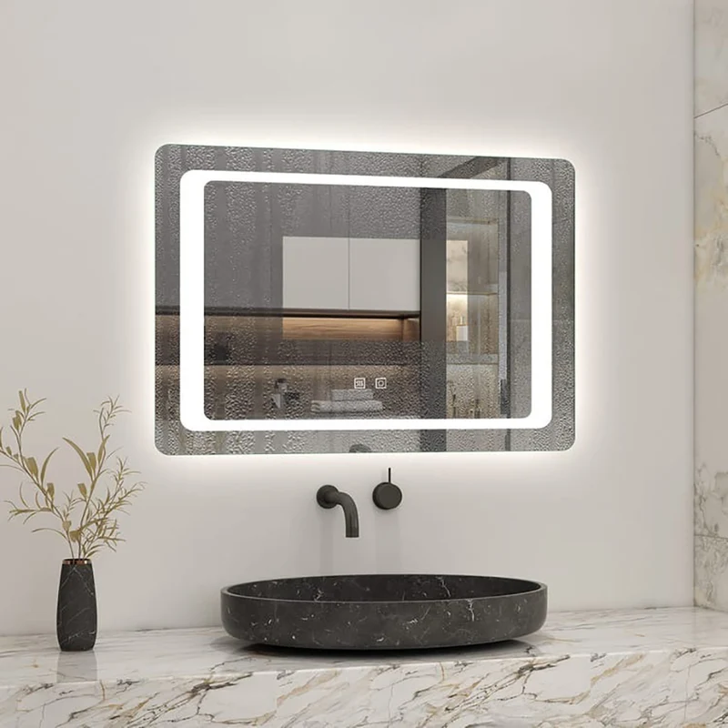 AICA Miroir lumineux 80 x 60cm anti-buée +dimmable + mémoire, miroir de salle de bain avec 2 Interrupteurs Tactiles
