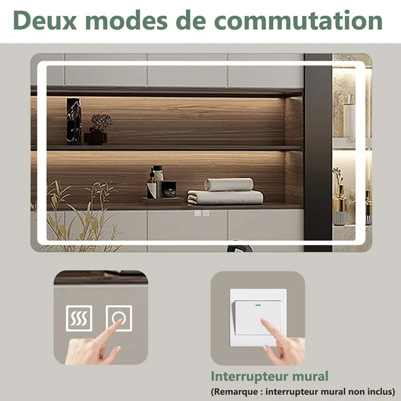 AICA Miroir lumineux 80 x 60cm anti-buée +dimmable + mémoire, miroir de salle de bain avec 2 Interrupteurs Tactiles