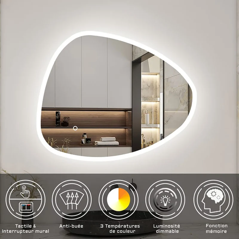 AICA LED Miroir lumineux avec anti-buée + 3 Couleurs + dimmable + mémoire, Miroir salle de bain