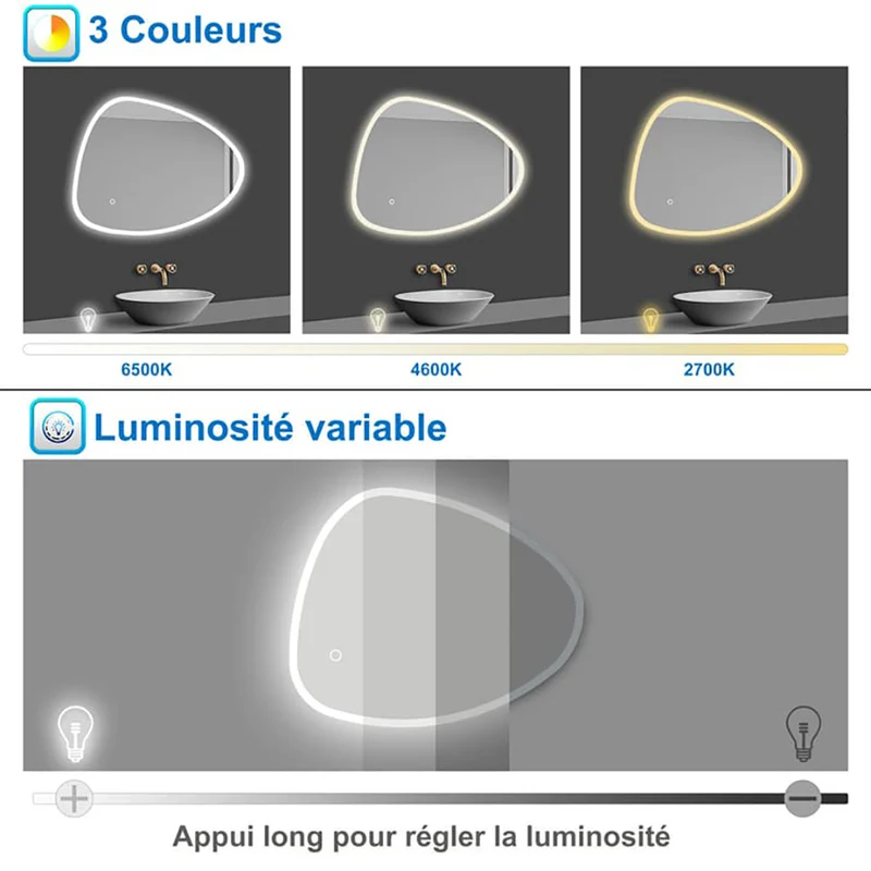 AICA LED Miroir lumineux avec anti-buée + 3 Couleurs + dimmable + mémoire, Miroir salle de bain