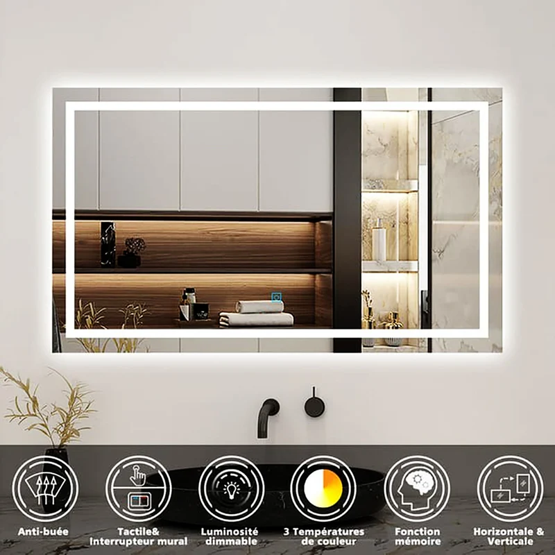 AICA LED miroir lumineux 3 couleurs tactile + anti-buée + dimmable + mémoire miroir salle de bain