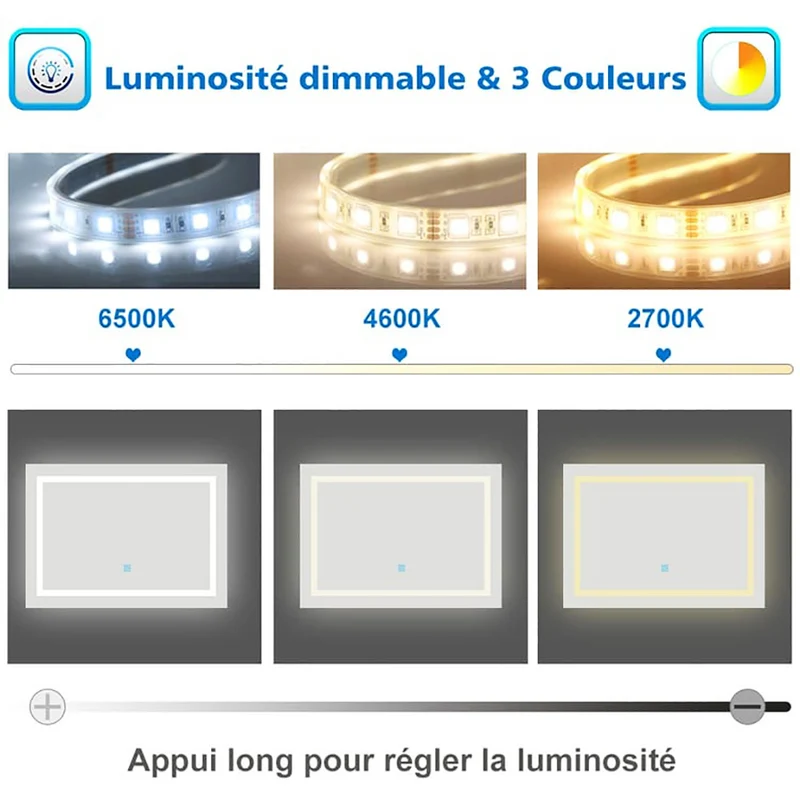 AICA LED miroir lumineux 3 couleurs tactile + anti-buée + dimmable + mémoire miroir salle de bain