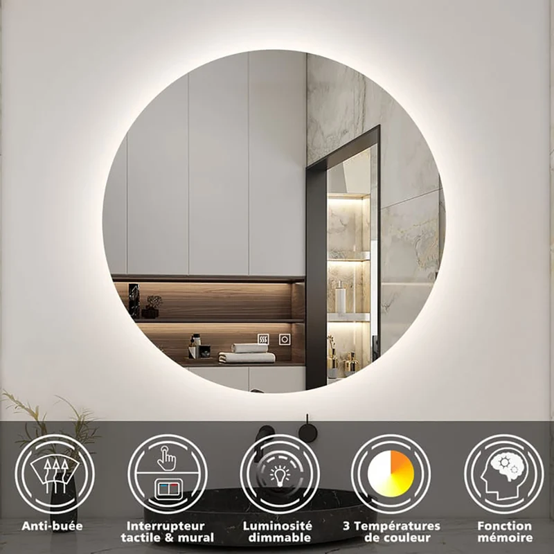 AICA LED Miroir lumineux rond 60-100cm 3 couleurs + anti-buée + dimmable + mémoire miroir salle de bain