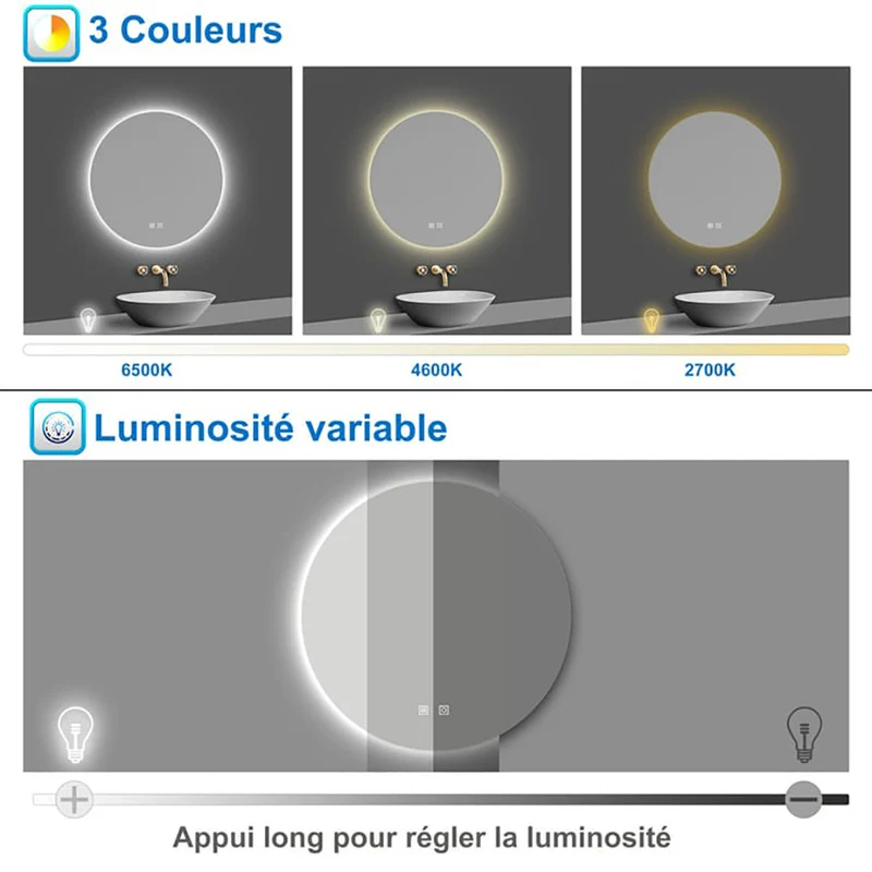 AICA LED Miroir lumineux rond 60-100cm 3 couleurs + anti-buée + dimmable + mémoire miroir salle de bain