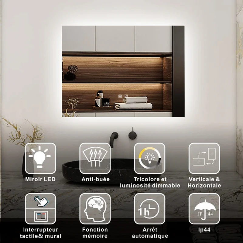 AICA Miroir LED Rectangulaire Élégant | Anti-Buée, 3 Tons Lumineux, Mémoire de Réglage, Dimmable | Miroir de Bain Intelligent