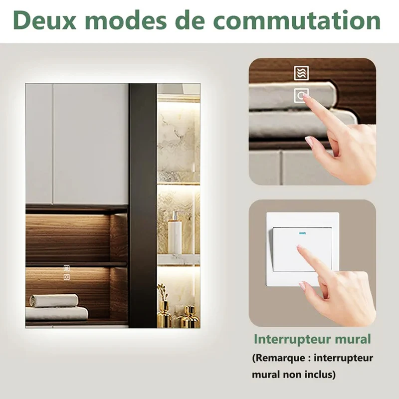 AICA Miroir LED Rectangulaire Élégant | Anti-Buée, 3 Tons Lumineux, Mémoire de Réglage, Dimmable | Miroir de Bain Intelligent