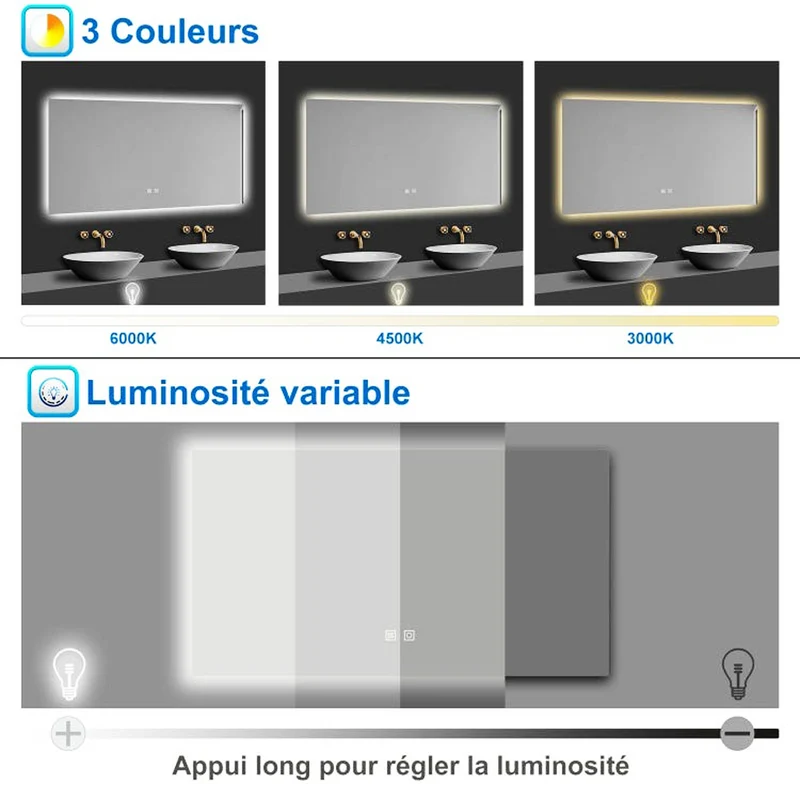 AICA Miroir LED Rectangulaire Élégant | Anti-Buée, 3 Tons Lumineux, Mémoire de Réglage, Dimmable | Miroir de Bain Intelligent
