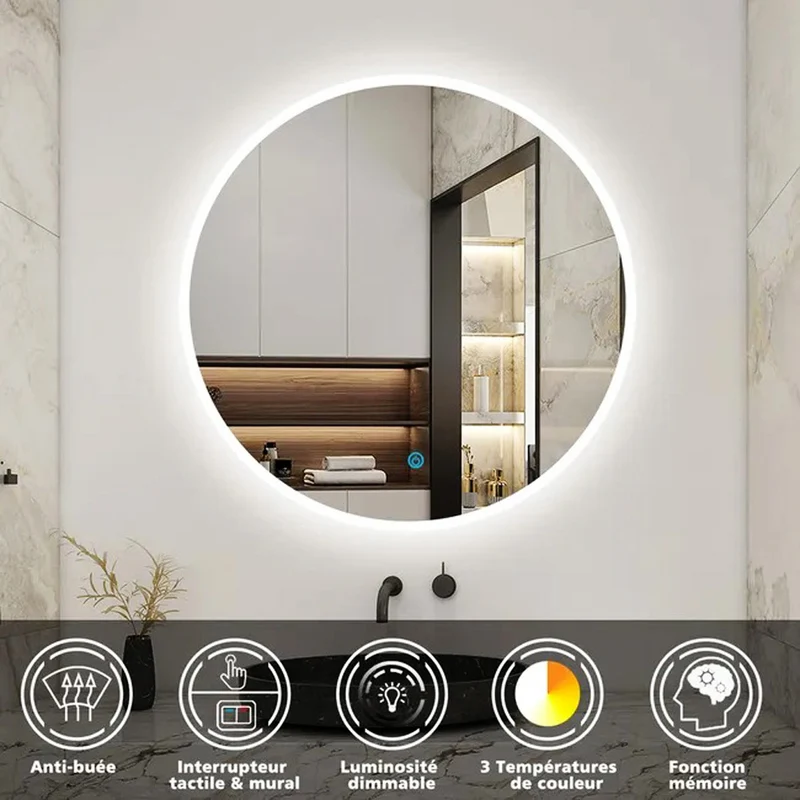 AICA Miroir LED rond 80 cm : 3 niveaux de luminosité, tactile, anti-buée et mémoire des réglages