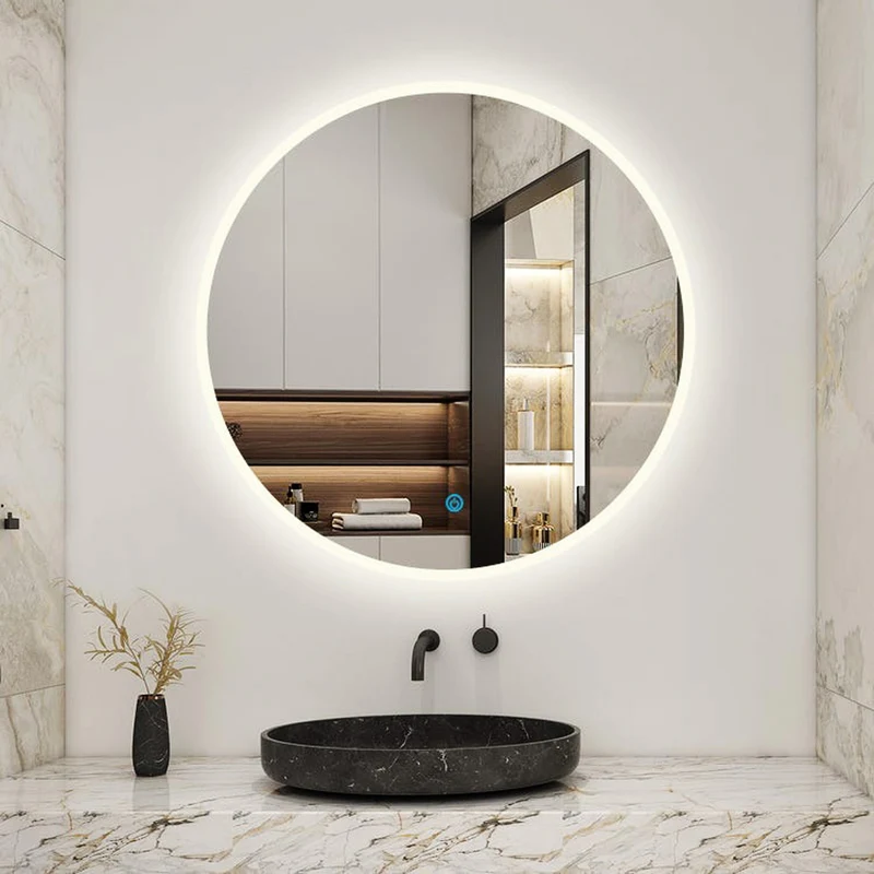 AICA Miroir LED rond 80 cm : 3 niveaux de luminosité, tactile, anti-buée et mémoire des réglages