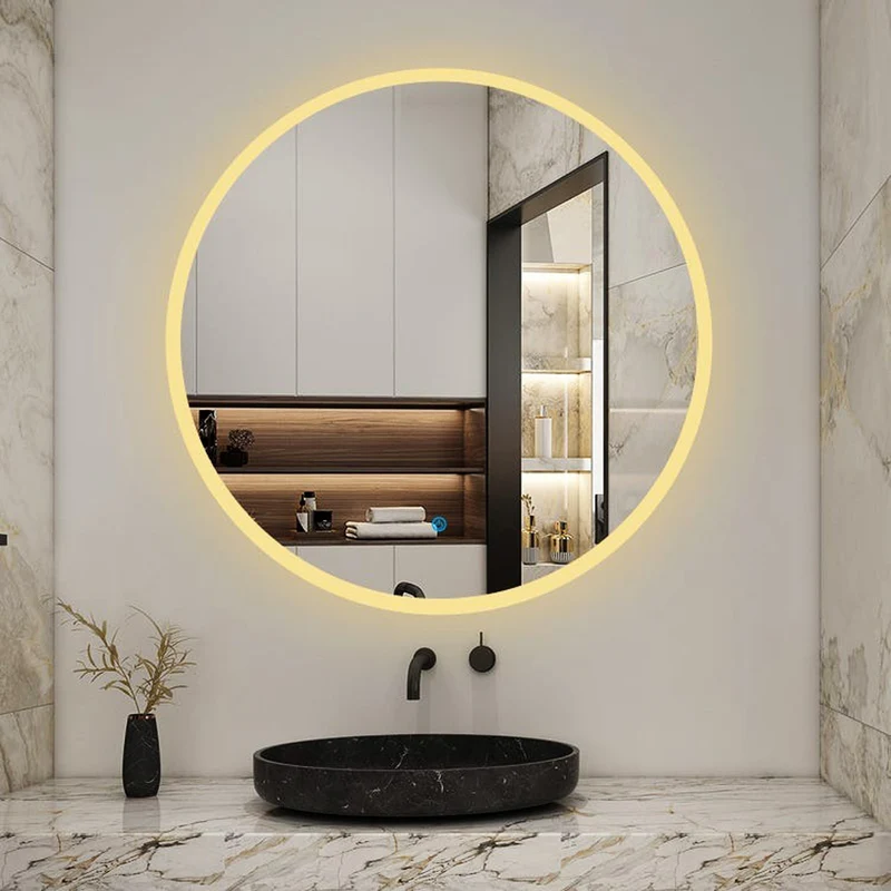 AICA Miroir LED rond 80 cm : 3 niveaux de luminosité, tactile, anti-buée et mémoire des réglages