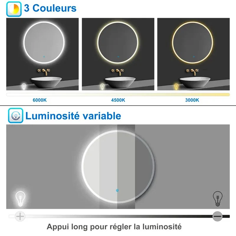 AICA Miroir LED rond 80 cm : 3 niveaux de luminosité, tactile, anti-buée et mémoire des réglages