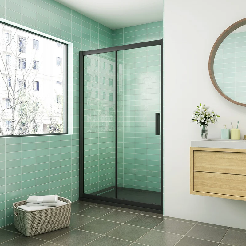 Aica : Douche Italienne Élégante avec Receveur Extra-plat Noir, Porte Coulissante Profil Noir (H.195cm) et Bonde de Receveur