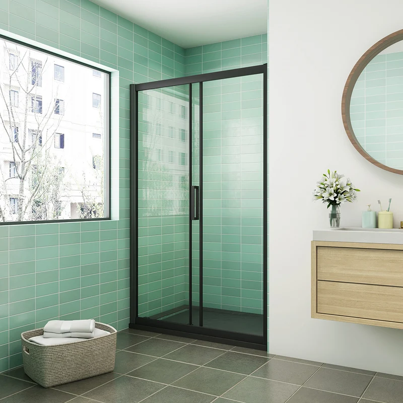 Aica : Douche Italienne Élégante avec Receveur Extra-plat Noir, Porte Coulissante Profil Noir (H.195cm) et Bonde de Receveur