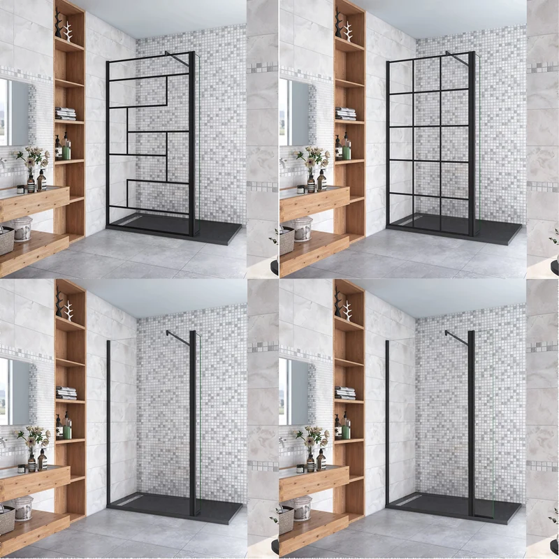 AICA paroi de douche à l'italienne noire 50-160cm avec un retour pivotant 40cm en 8mm verre anticalcaire avec une barre de extensible 70-120cm