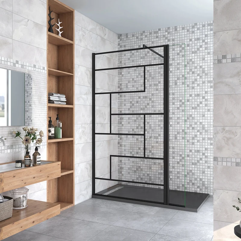 AICA paroi de douche à l'italienne noire 50-160cm avec un retour pivotant 40cm en 8mm verre anticalcaire avec une barre de extensible 70-120cm