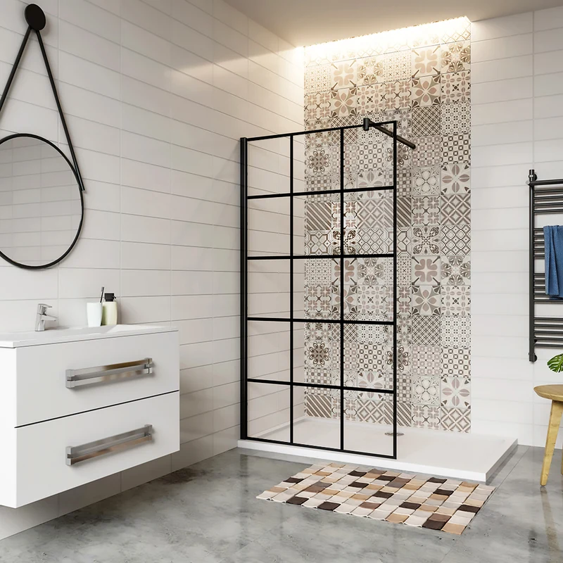 Aica Paroi De Douche Noire 80-120x200cm Paroi De Douche À L'italienne En 8mm Verre Coloré Avec Une Barre De Fixation extensible en cylindrique