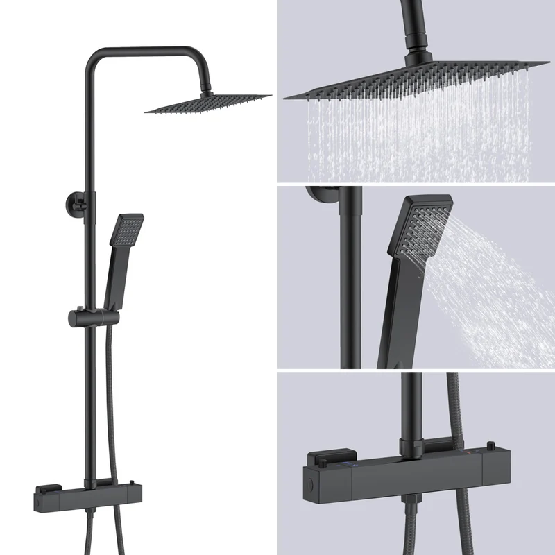 AICA Colonne de douche avec Noir 20*20cm douche de tête Douchette à main Carré pour Salle de Bain