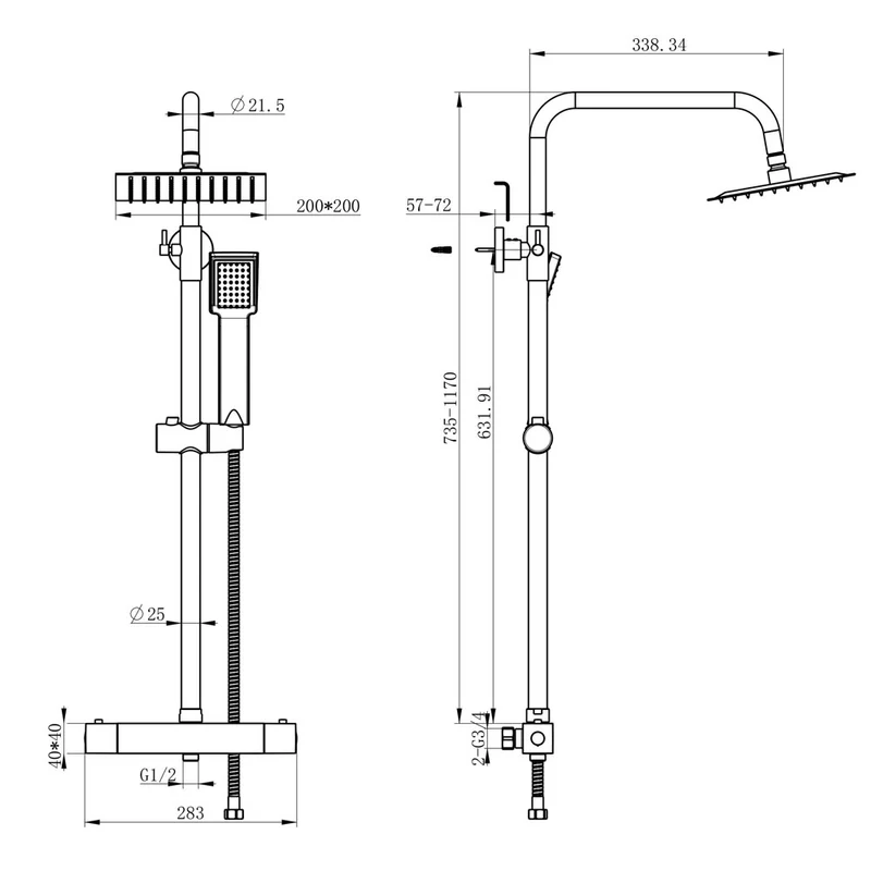 AICA Colonne de douche avec Noir 20*20cm douche de tête Douchette à main Carré pour Salle de Bain