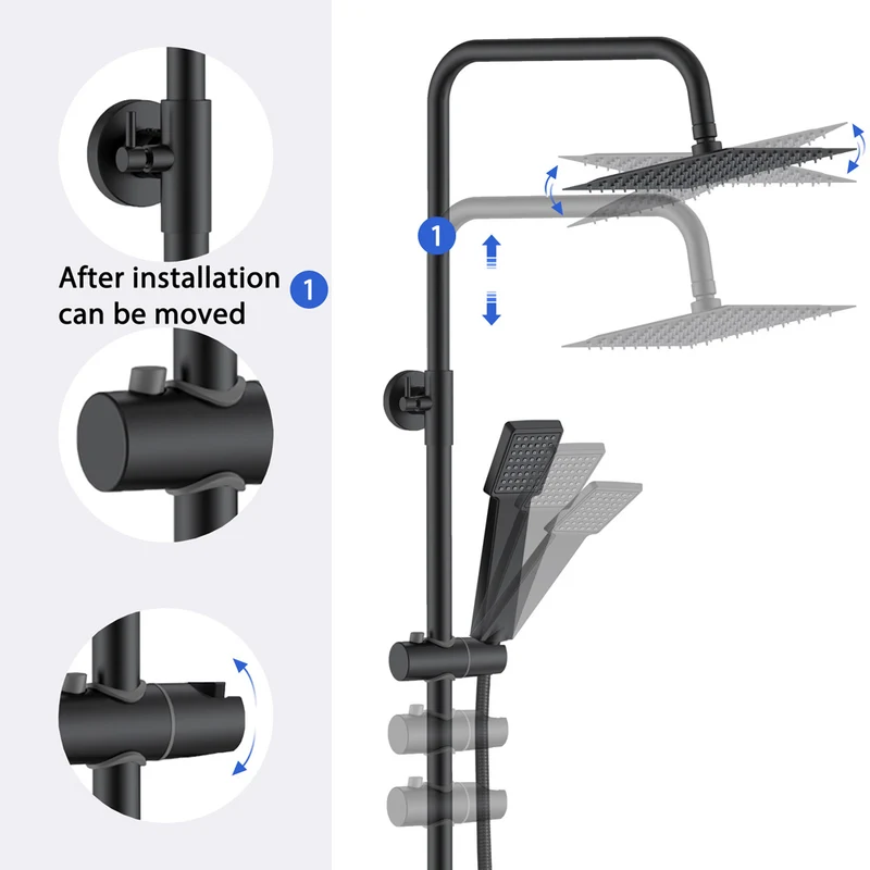 AICA Colonne de douche avec Noir 20*20cm douche de tête Douchette à main Carré pour Salle de Bain