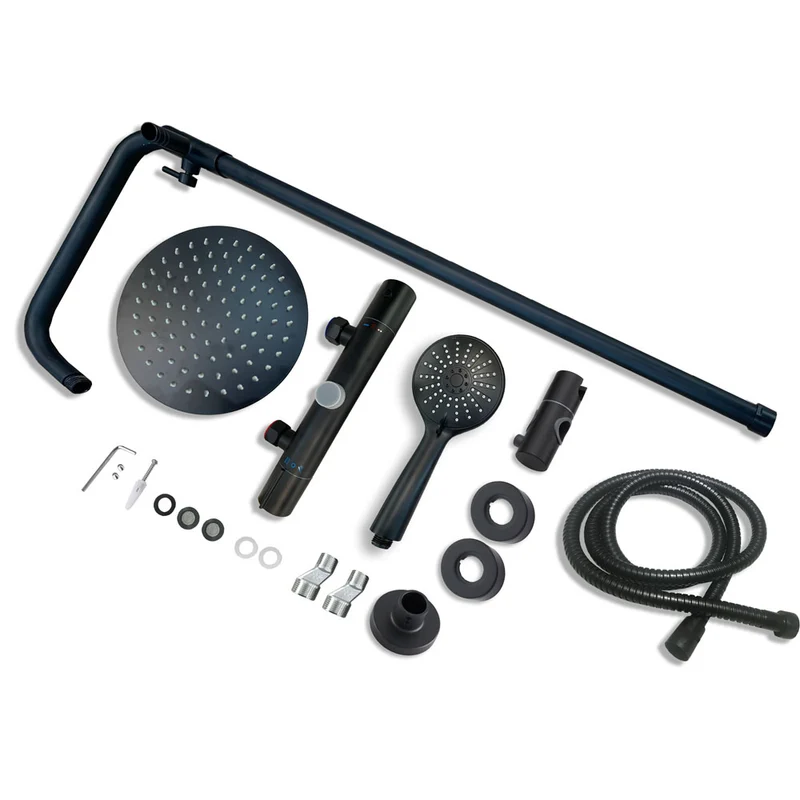 AICA Colonne de douche thermostatique, Acier inoxydable Pomme 200mm+Douchette 3 jets, Noir