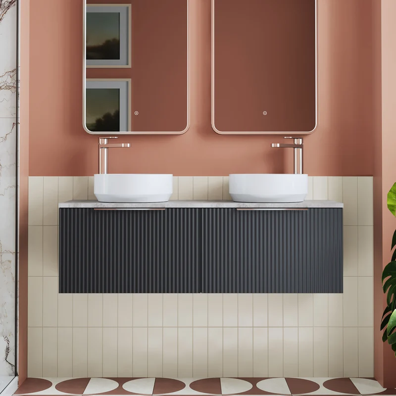 Fluted 1200mm Wall Hung 2 Drawer Vanity Unit & Bellato Grey Laminate Worktop - Soft Black Satin
